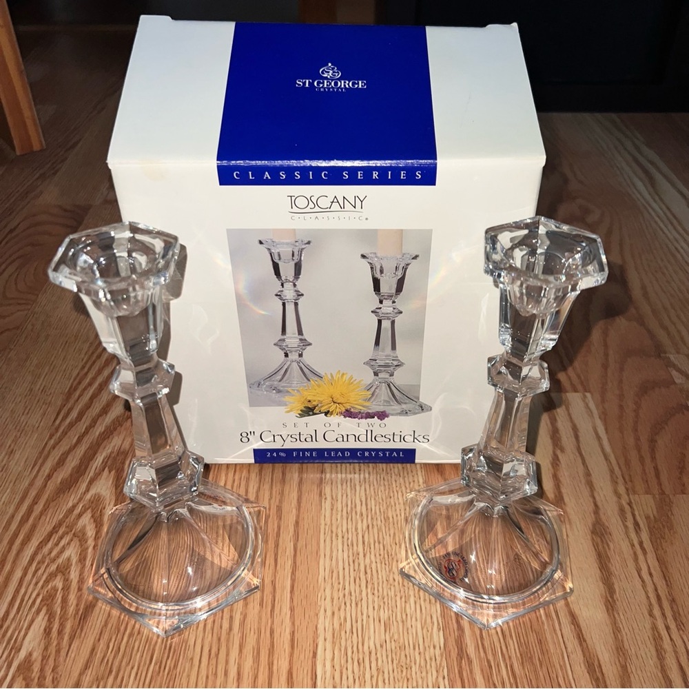 St. George Toscany Classic 8" Crystal Candlesticks Newport
